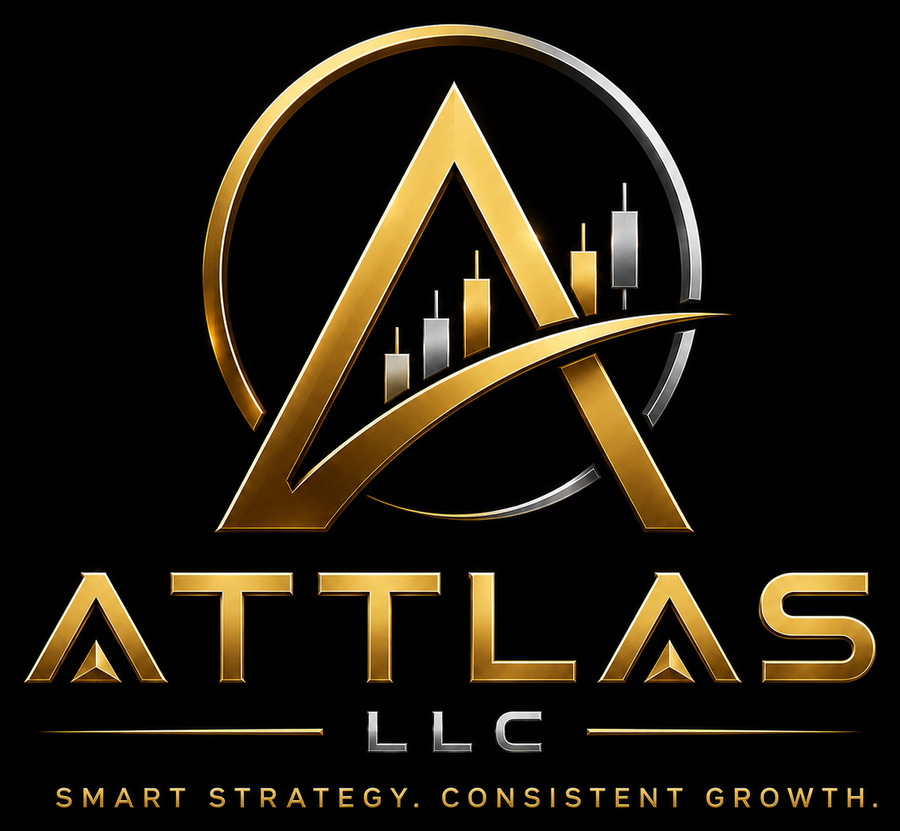 Logotipo oficial de ATTLAS LLC: emblema dorado y plateado con la letra A, velas japonesas y un anillo circular, junto al texto ATTLAS LLC y el eslogan Smart strategy, consistent growth
