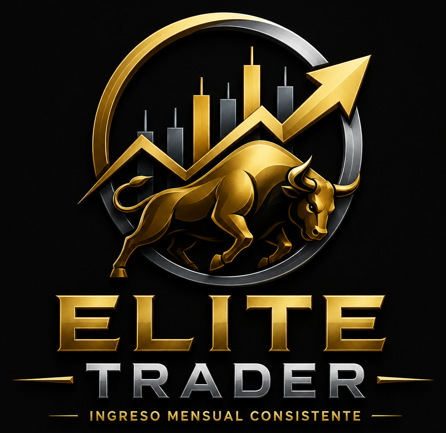 Logotipo oficial de Elite Trader: emblema dorado y plateado con un toro, velas japonesas y una flecha ascendente, junto al texto Elite Trader e Ingreso mensual consistente