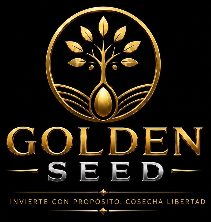 Logotipo oficial de Golden Seed: emblema dorado con un árbol creciendo desde una semilla, dentro de un círculo con líneas de cultivo, junto al texto Golden Seed y el eslogan Invierte con propósito, cosecha libertad