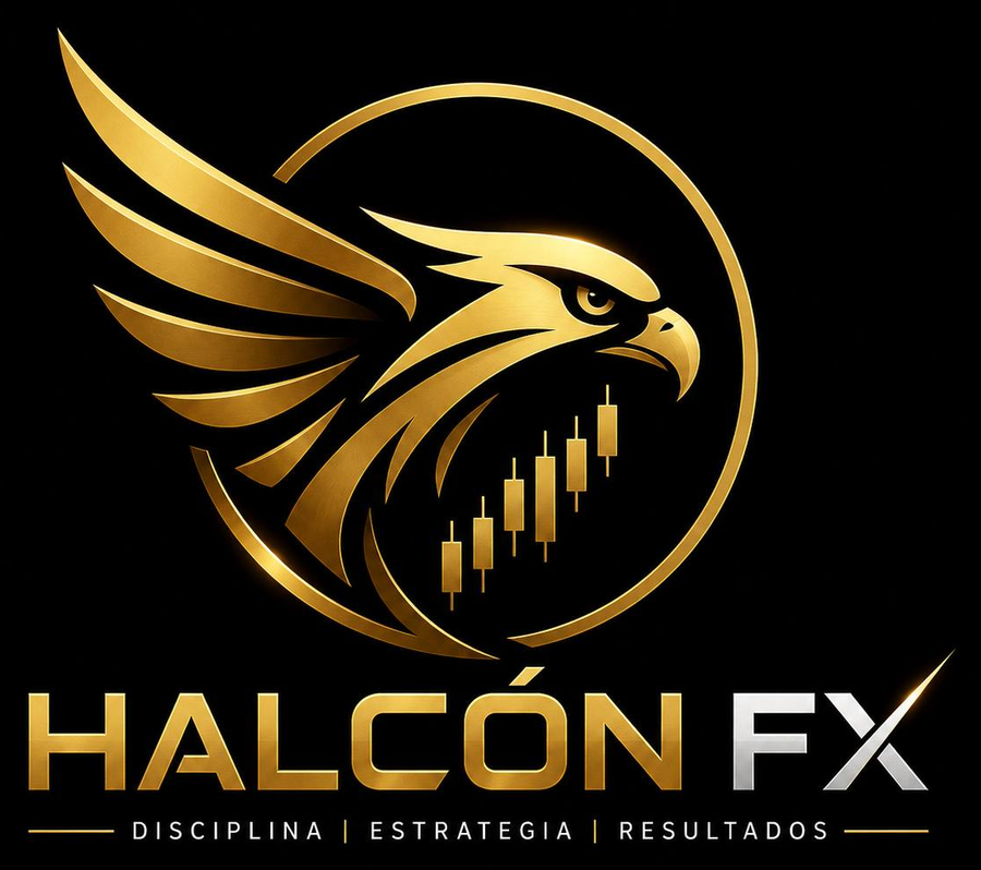 Logotipo oficial de Halcón FX: emblema dorado con un halcón, velas japonesas y un círculo, junto al texto Halcón FX y el eslogan Disciplina, Estrategia, Resultados