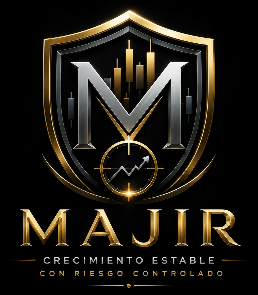 Logotipo oficial de Majir: escudo plateado y dorado con la letra M, velas japonesas y un objetivo con flecha ascendente, junto al texto Majir, Crecimiento estable con riesgo controlado