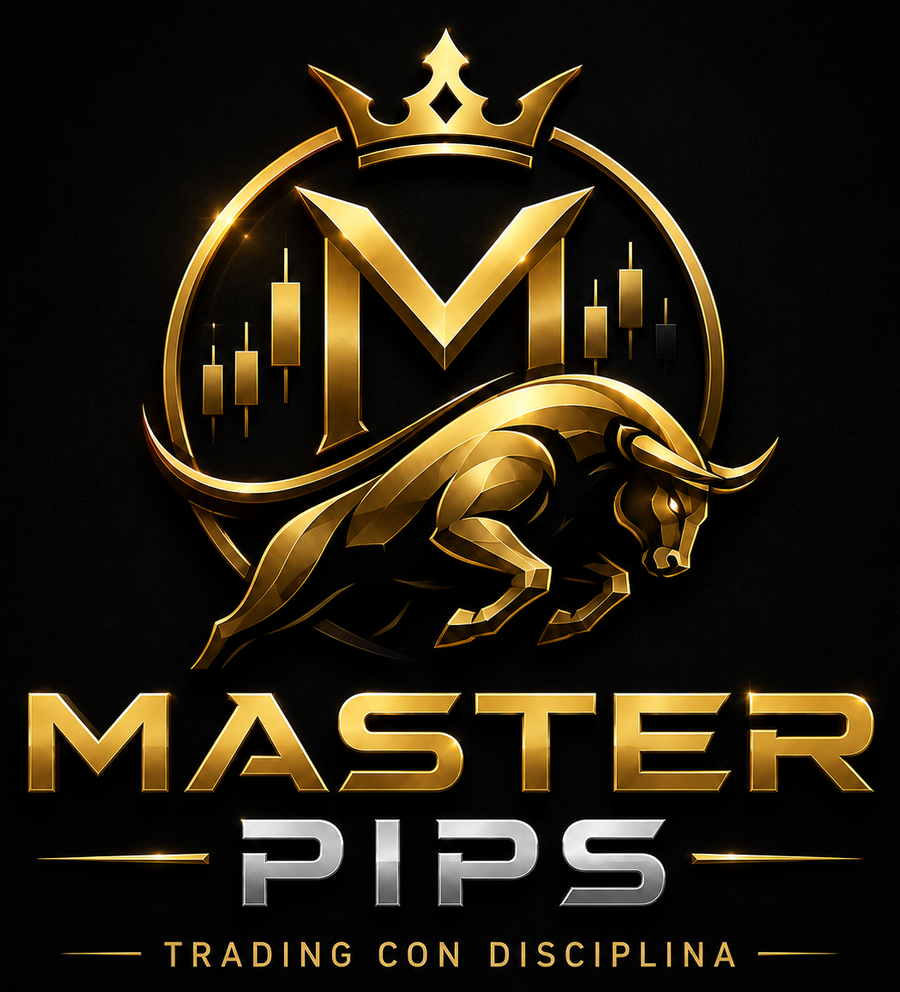 Logotipo oficial de Master Pips: emblema dorado con la letra M, velas japonesas, un toro y una corona, junto al texto Master Pips y el eslogan Trading con disciplina