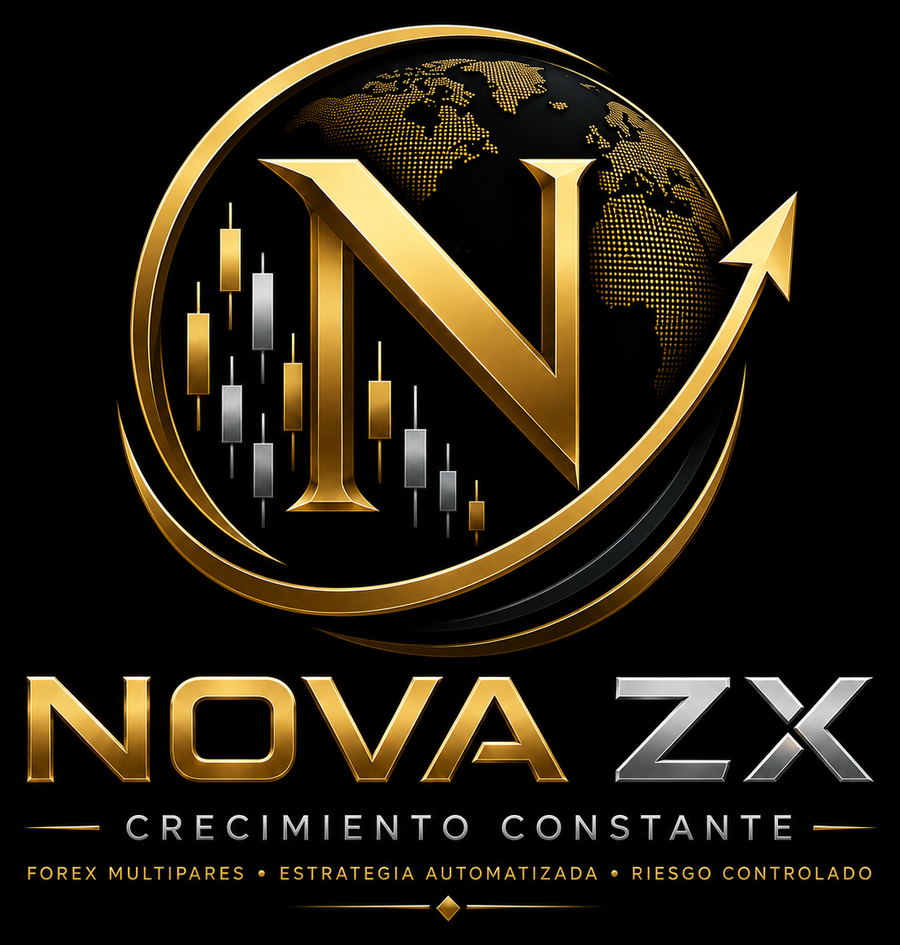 Logotipo oficial de Nova ZX: emblema dorado con la letra N, un mapamundi, velas japonesas y una flecha ascendente, junto al texto Nova ZX y el eslogan Crecimiento constante