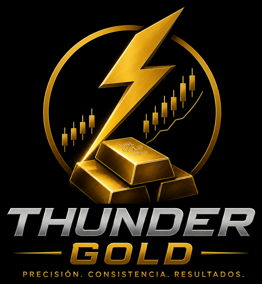 Logotipo oficial de Thunder Gold: emblema dorado con un rayo, lingotes de oro y velas japonesas dentro de un círculo, junto al texto Thunder Gold y el eslogan Precisión, Consistencia, Resultados