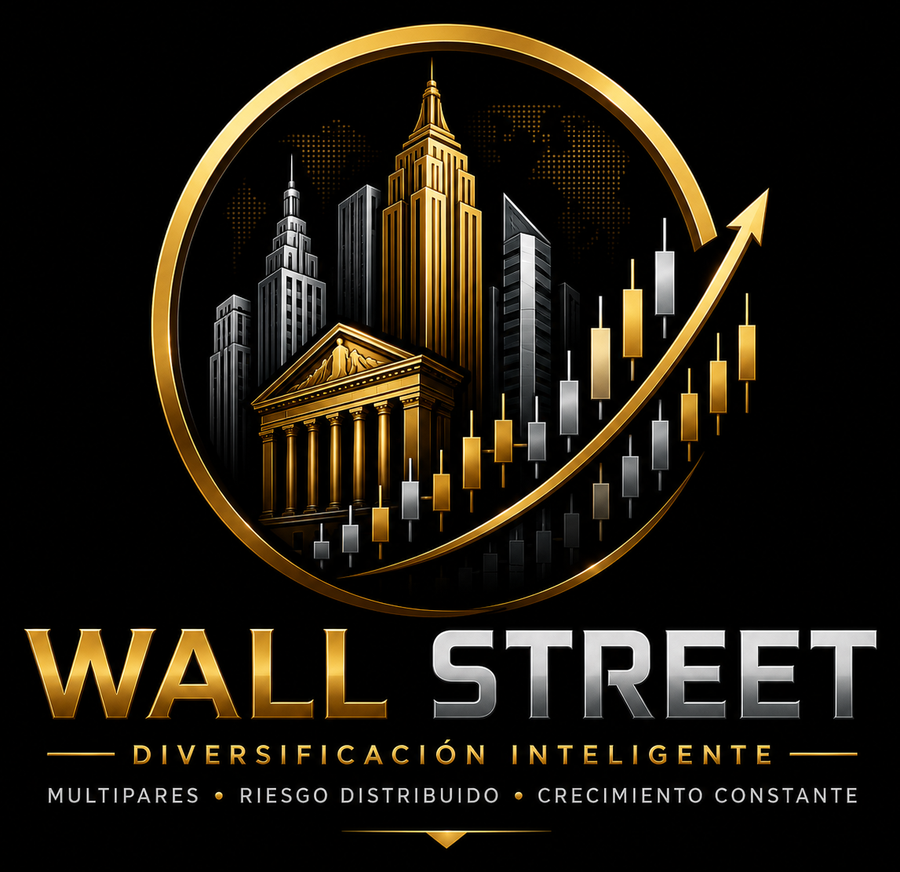 Logotipo oficial de Wall Street: emblema dorado y plateado con el edificio de la bolsa de Nueva York, rascacielos, velas japonesas y una flecha ascendente, junto al texto Wall Street y el eslogan Diversificación inteligente